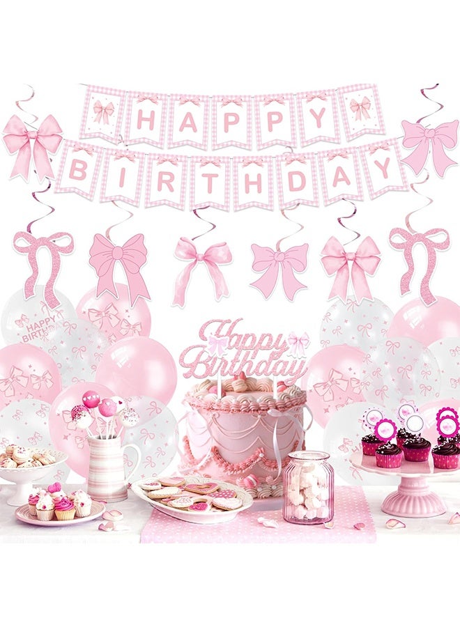 32 Pcs Pink Bow Themed Happy Birthday Party Decorations set, Happy Birthday Banner Hanging Swirls Balloons Cake Toppers Supplies Decor - Image 5